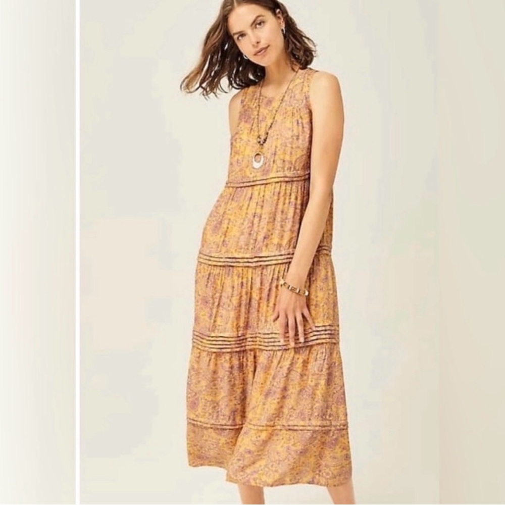 J.jill Yellow and purple floral maxi dress with pleated ruffles,  like new XL